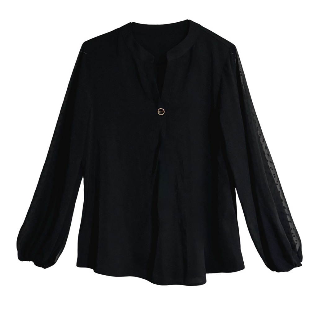 Women’s Black Blouse Gold Accent Sheer Sleeves Work Top